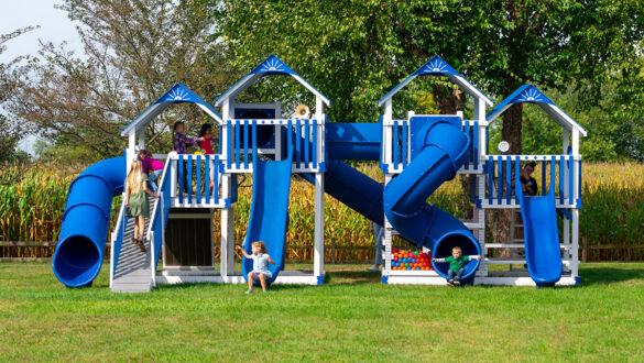 This image shows a massive blue playground with lots of slides