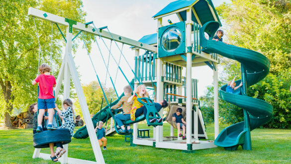 This image shows a green swing set from King Swings