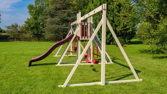 This image shows a swing set from the side