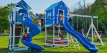 This picture shows the Chateau Swing Set. The Chateau has two towers with slides, a wobbly bridge, and other fun options.