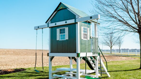Space-saving playsets can be a challenge to design especially when it comes to the swings!