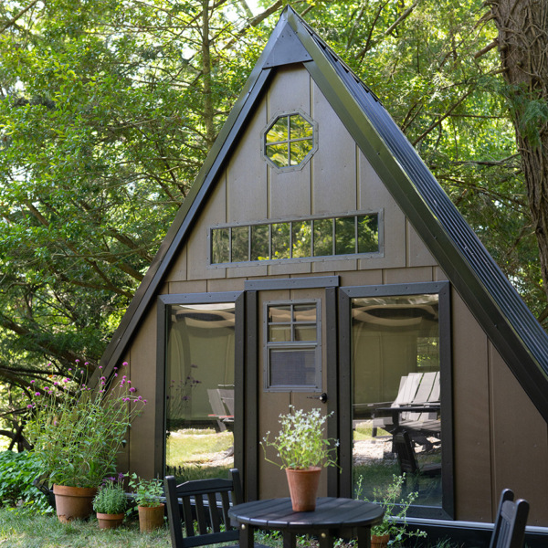 An a-frame playhouse sitting in a woods.