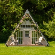 a swing set on a grass field